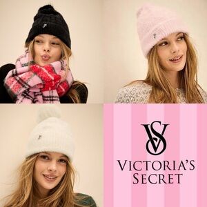 Victoria’s Secret PINK Fuzzy Feels Beanie Hats Bundle Black White Pink One Size